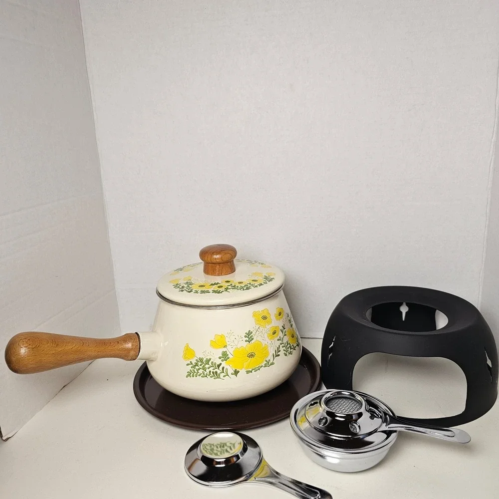MCM 1970s Enamel‎ Fondue Pot Cottagecore Yellow Floral Poppies Japan Analog