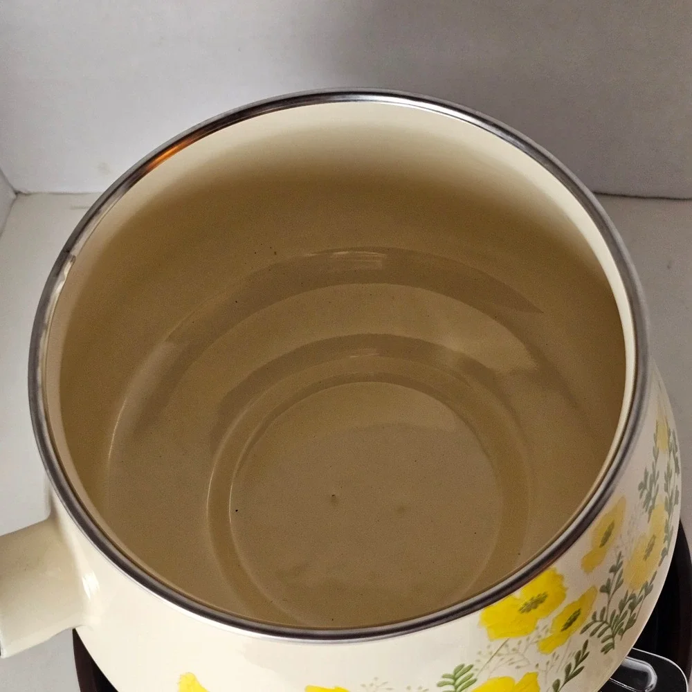 MCM 1970s Enamel‎ Fondue Pot Cottagecore Yellow Floral Poppies Japan Analog