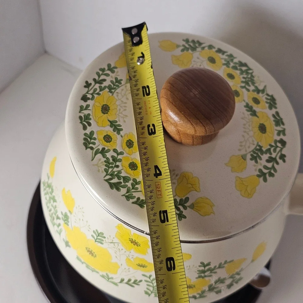 MCM 1970s Enamel‎ Fondue Pot Cottagecore Yellow Floral Poppies Japan Analog