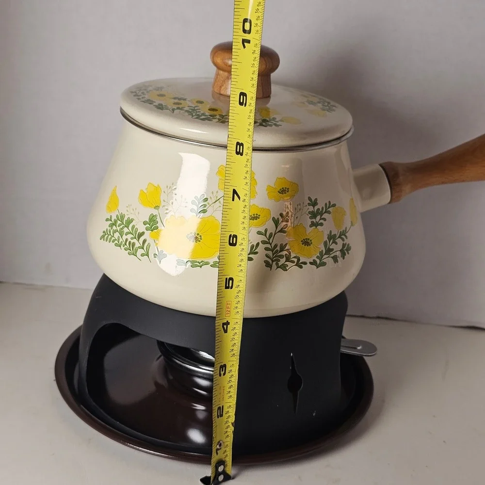MCM 1970s Enamel‎ Fondue Pot Cottagecore Yellow Floral Poppies Japan Analog