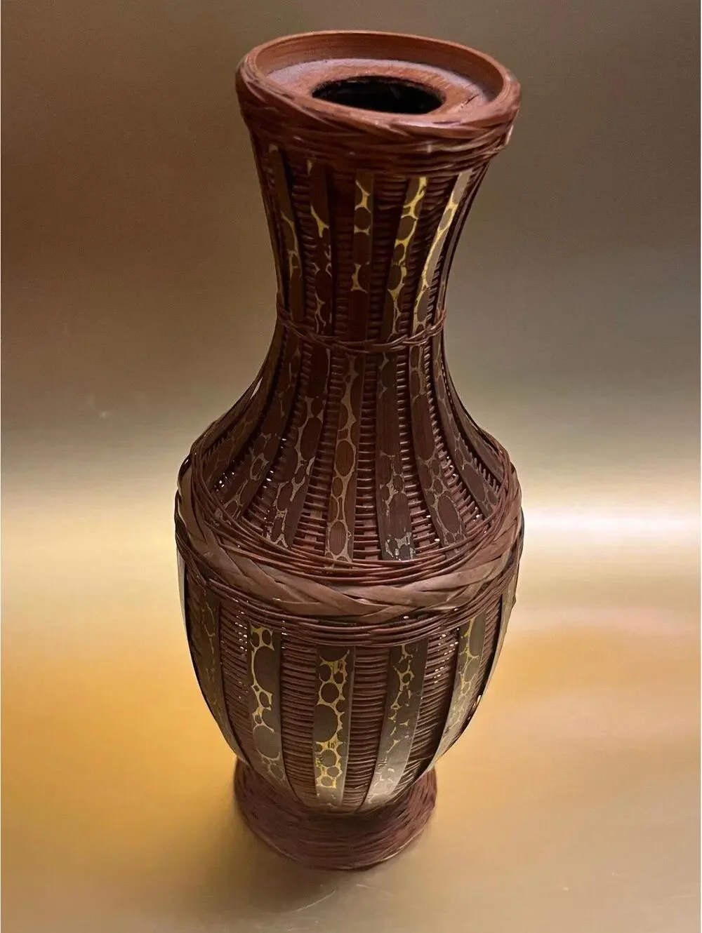 Vintage Decorative Woven Bamboo and Wood Vase