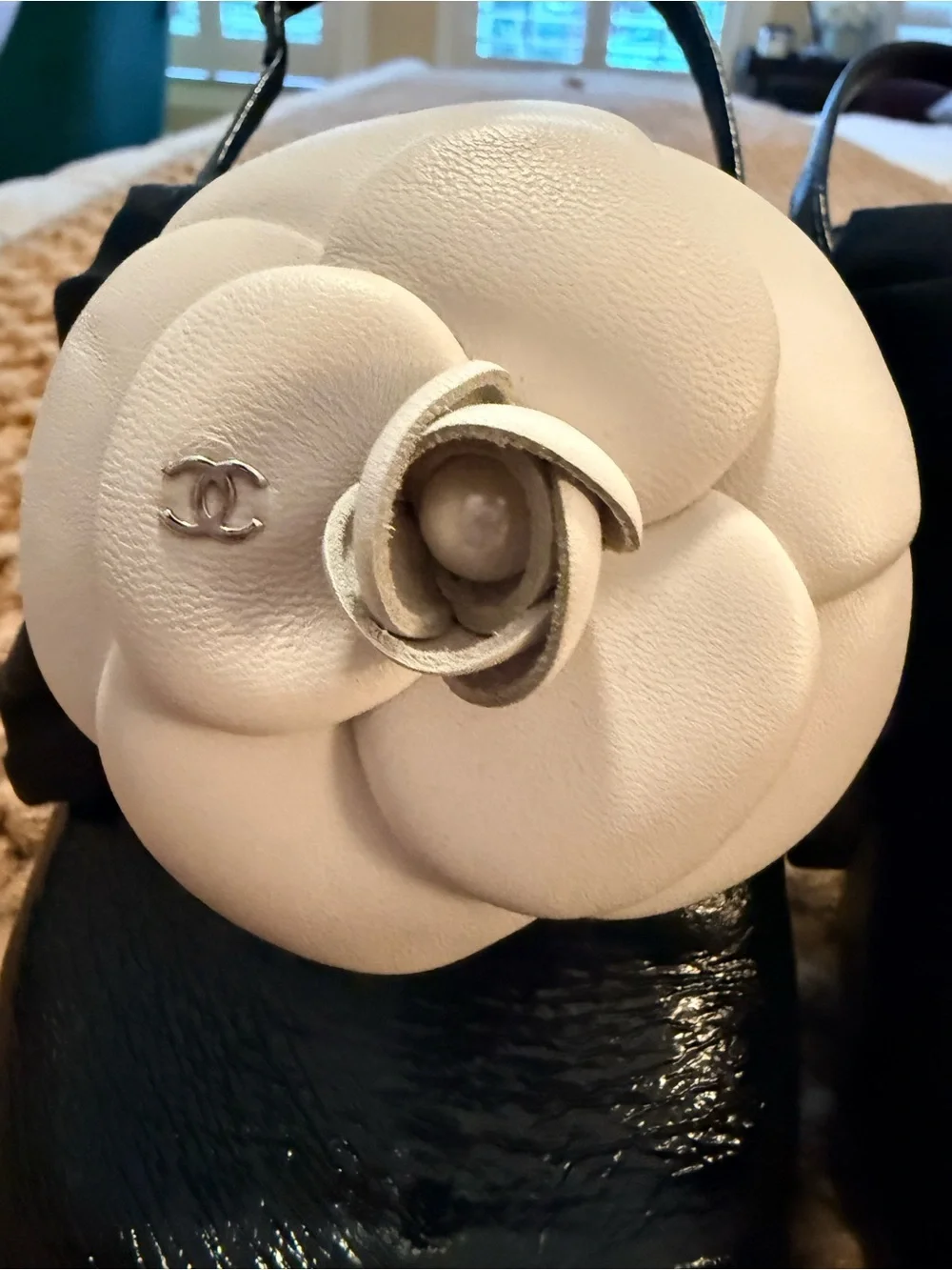 CHANEL Black Slingback Mules with White Camellia Flower
