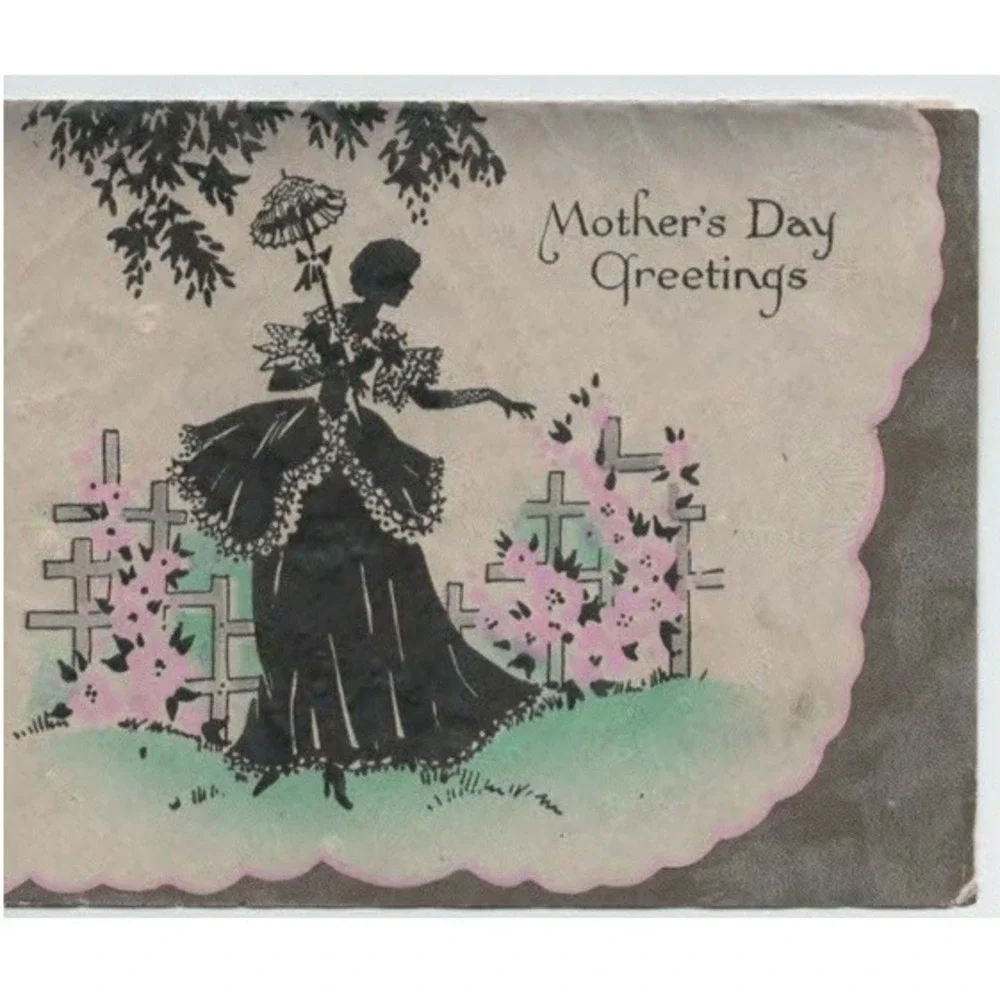 Vintage Silhouette Mothers Day Greeting Card Victorian Lady Parasol Garden VG