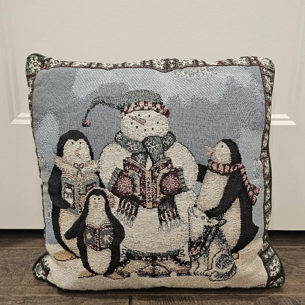 Vintage Debbie Mumm Tapestry Pillow with a Snowman, Pup, & Penguin Carolers