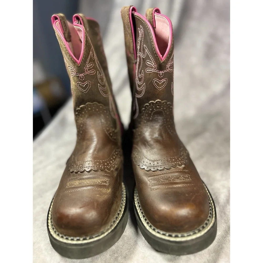 Ariat Girls Western Cowboy Boots Brown Pink Hearts Leather Size 8.5 B