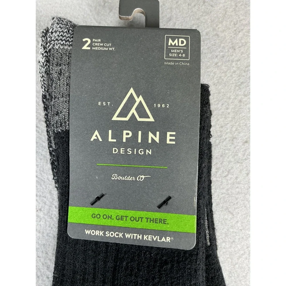 Alpine Design Kevlar Work Socks 2 Pair Crew Medium Weight Men's MD Blk Gray NWT‎