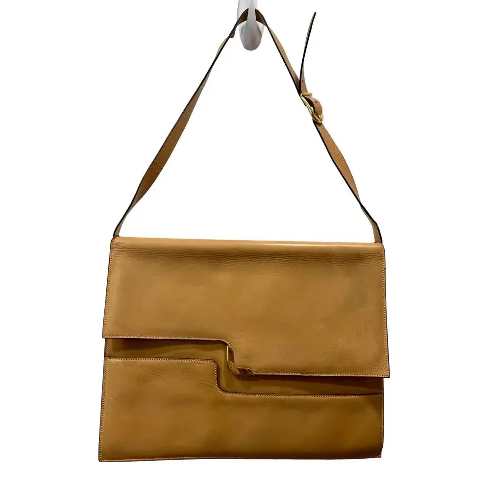 Vintage 70s Camel Leather Shoulder Bag w/ Brass Detail & Flap Closure
