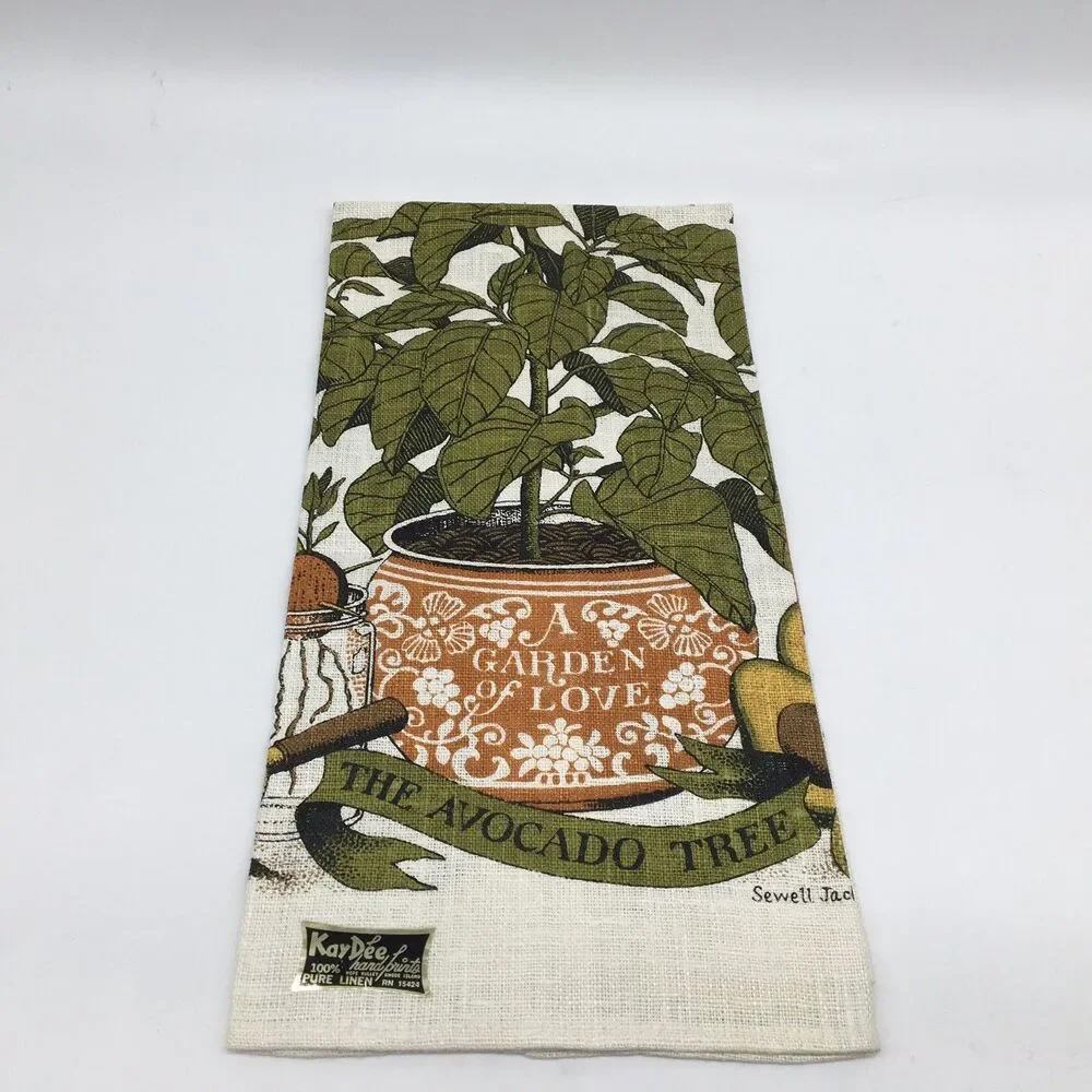 Vtg Kay Dee New Avocado Tree Kitchen Tea Towel Linen Hand Print Jackson Sewell