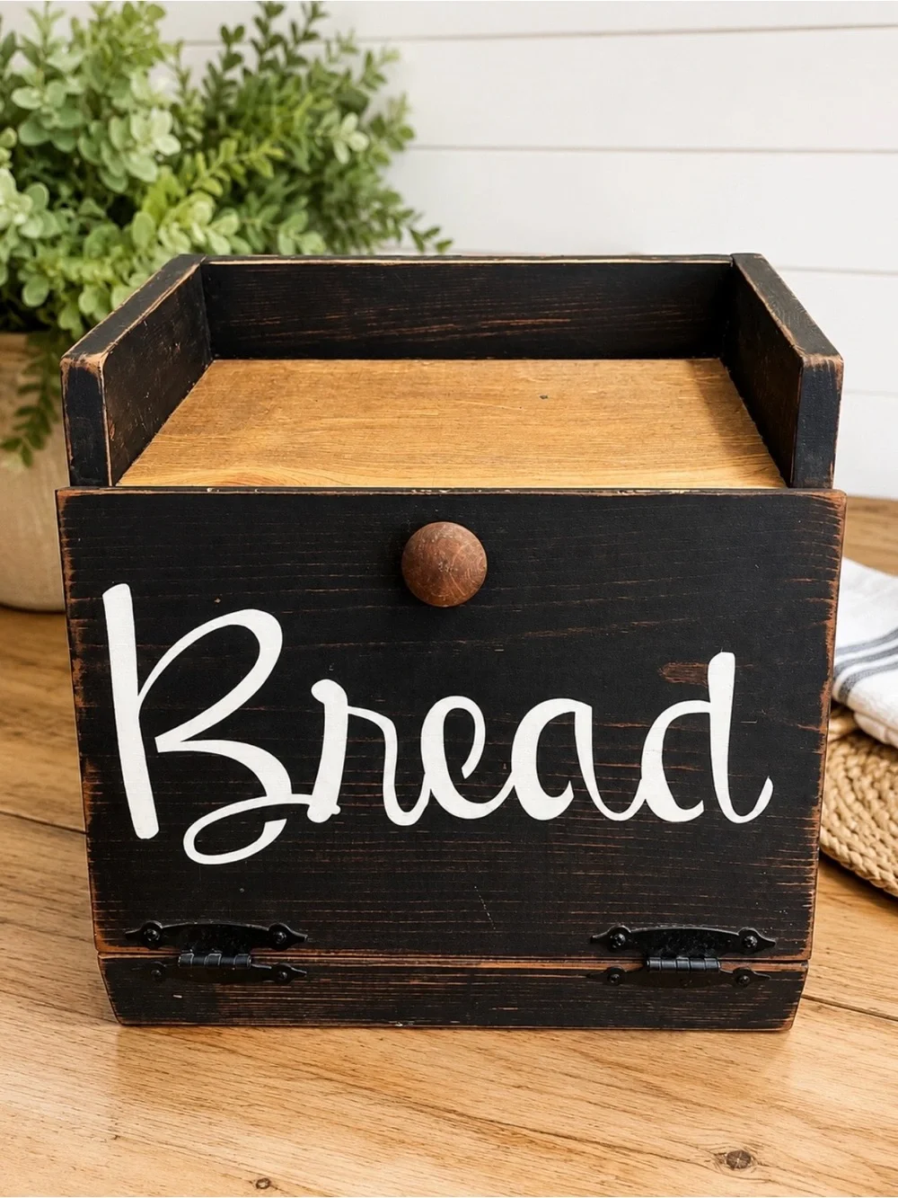 Rustic Black & Wood Bread Box - Country Kitchen Storage