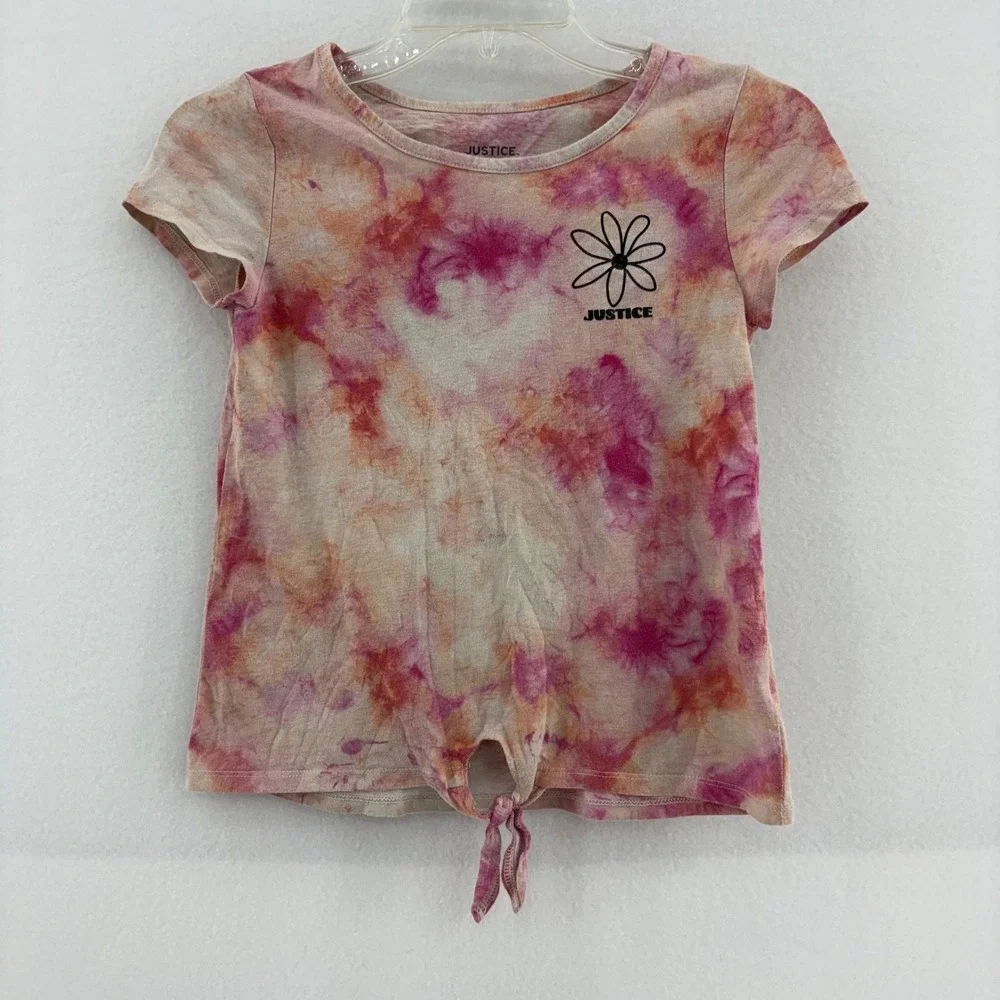 Justice Tie Front‎ T-Shirt Top Girls Pink Tie Dye Flower Graphic Size M