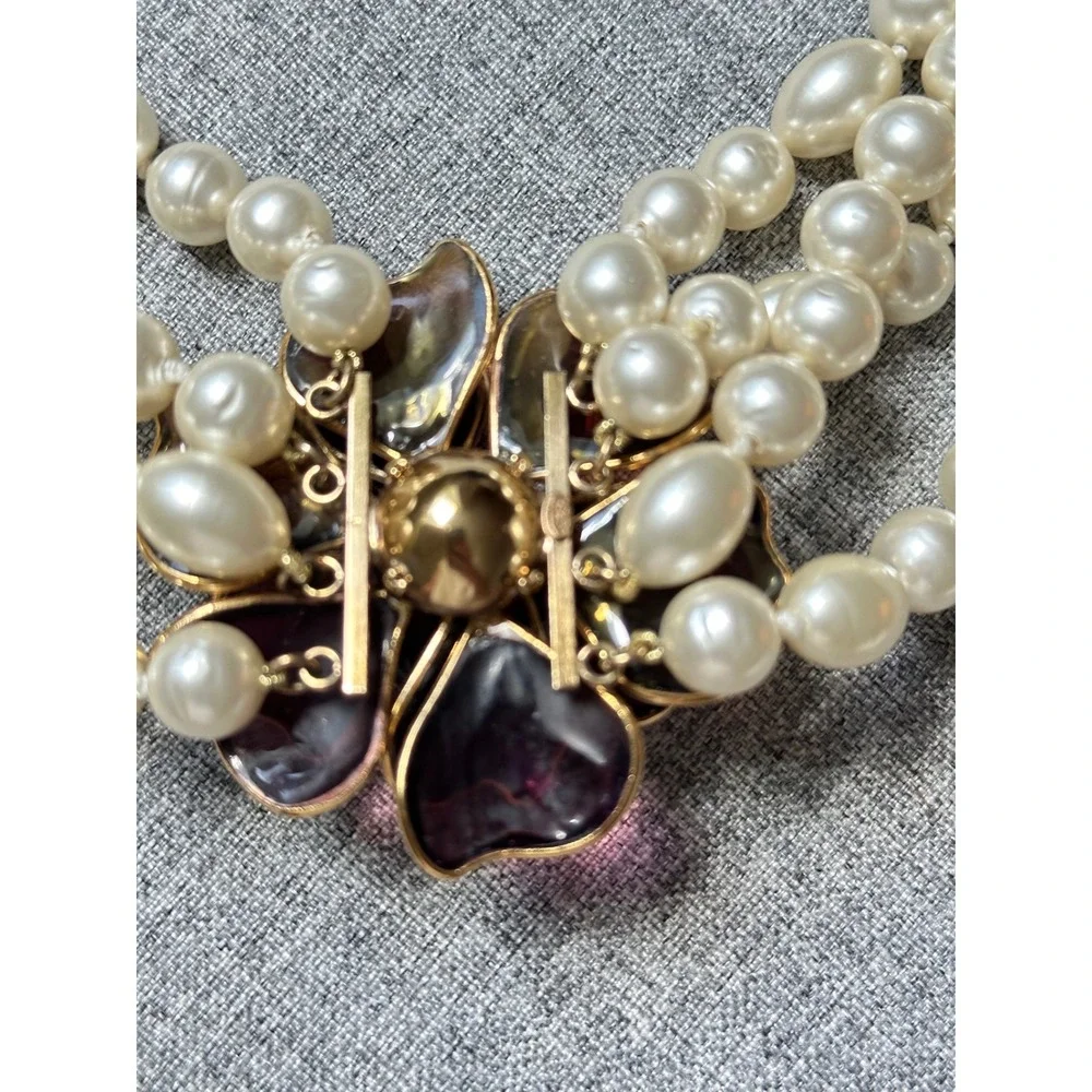 Chanel 05P Vintage Gripoix Camelia Glass Flower Four Strand Pearl Necklace