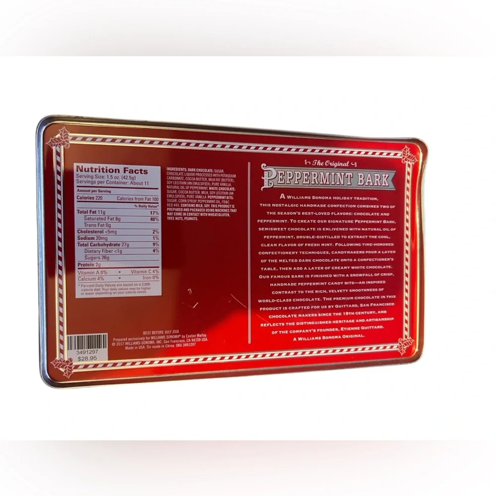 Williams Sonoma Peppermint Bark Collectible Red and White Tin-2017 Holiday