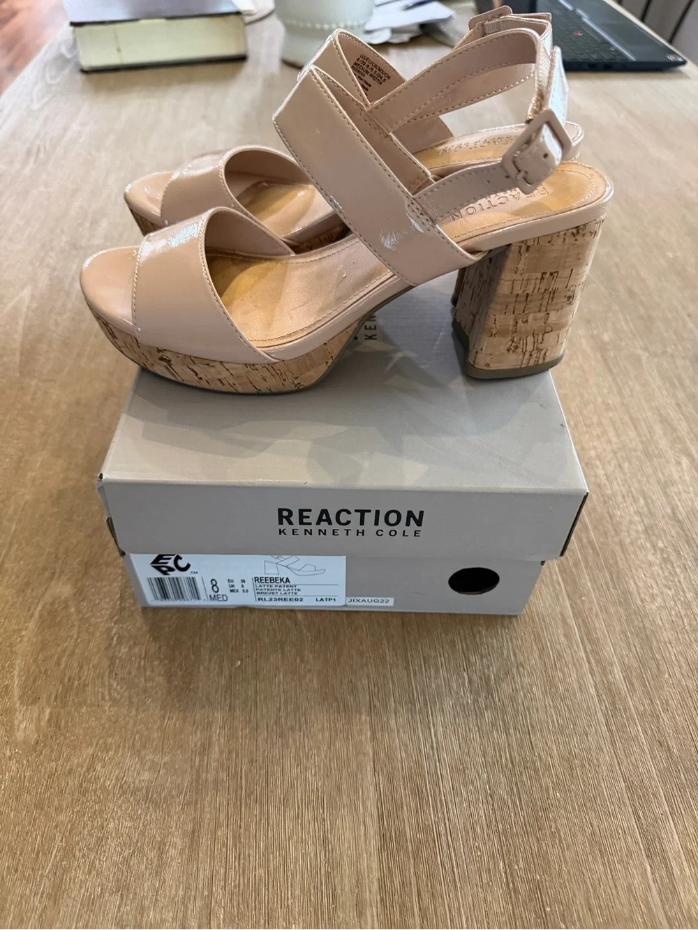Kenneth Cole Reaction Reebeka Nude Patent Cork Block Heel Sandals Women’s Size 8