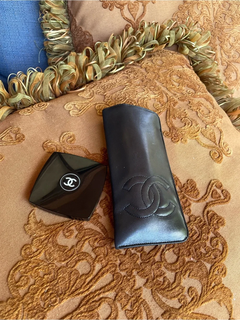 Chanel Black Leather Sunglasses Case with Logo, and Chanel mirror