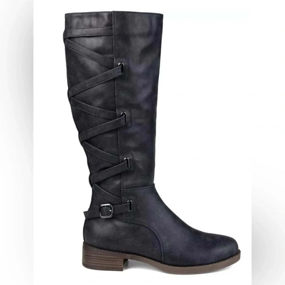 Journee Collection Womens Carly WideCalf Stacked Heel Riding boots Size 7 navy