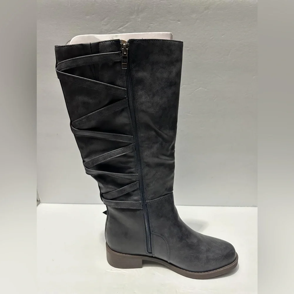 Journee Collection Womens Carly WideCalf Stacked Heel Riding boots Size 7 navy