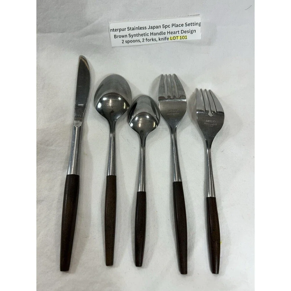 Interpur Japan 5 Pc Place Setting Brown Handle Stainless Flatware Heart Accent