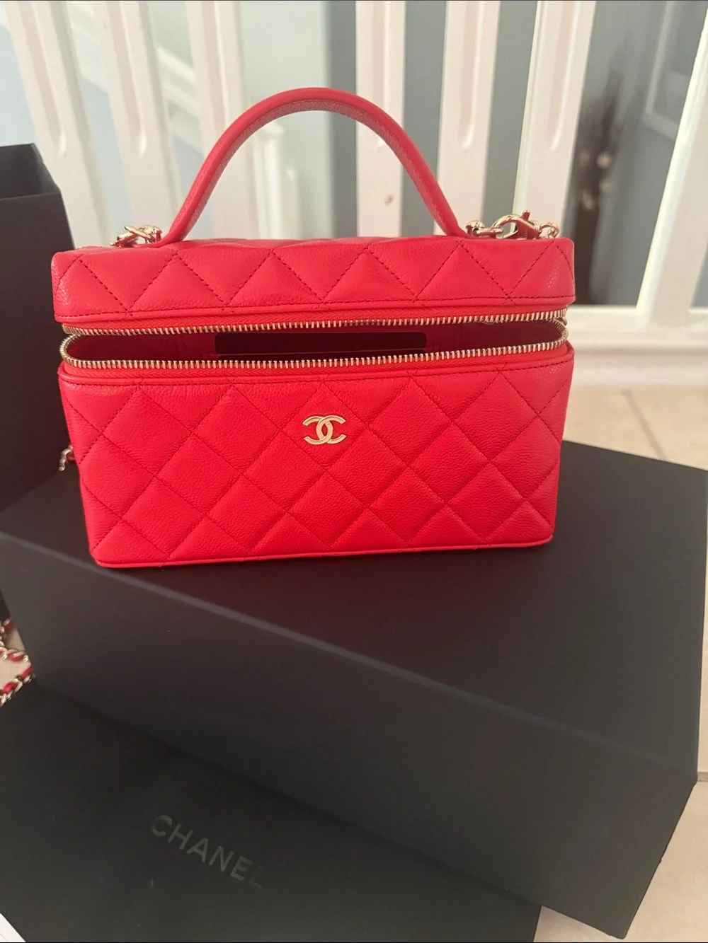 CHANEL Red Quilted slim Vanity-Style Shoulder Bag with detachable chain strap