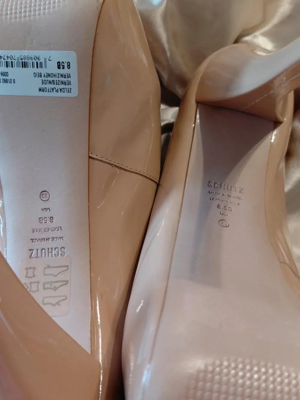 Schutz Zelda Nude Patent Leather Peep Toe Stiletto Heel