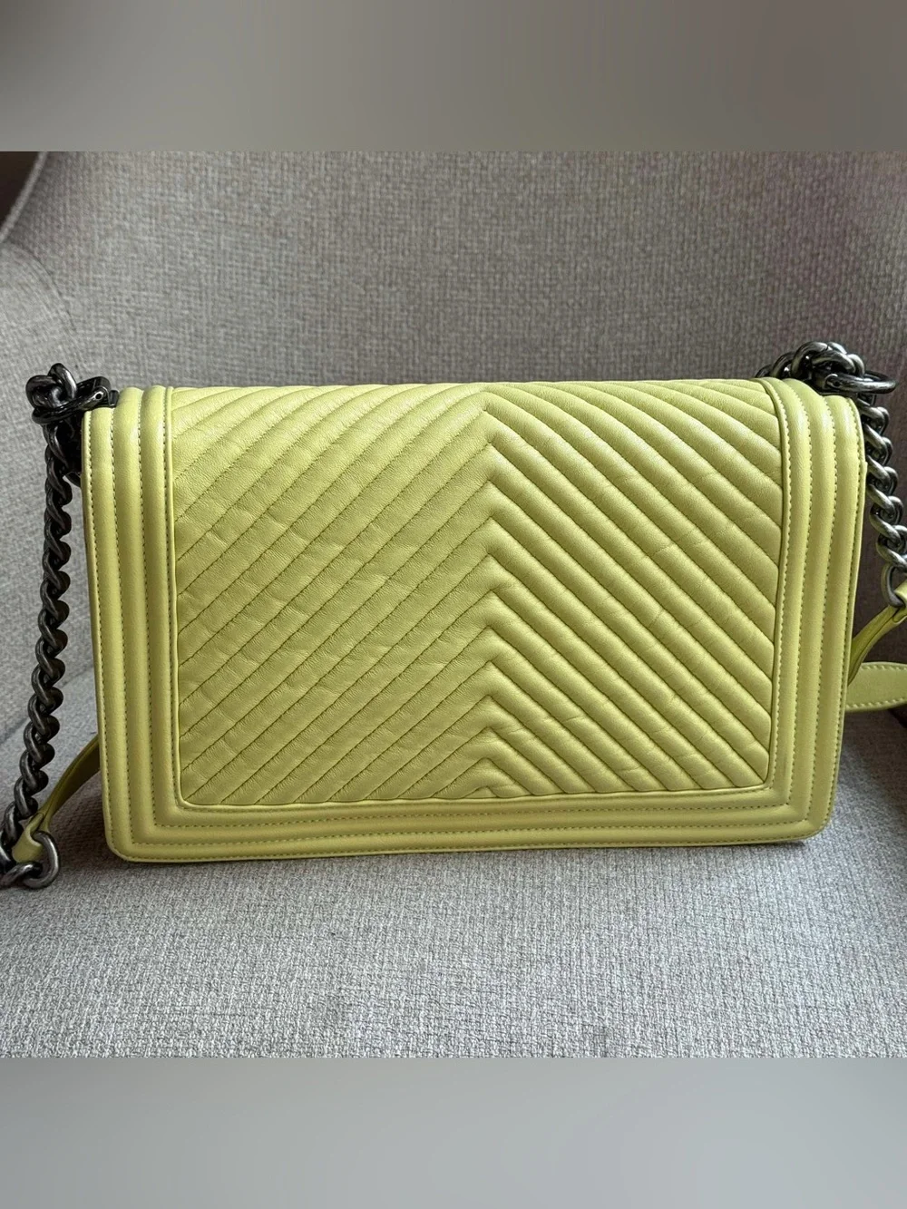 CHANEL Lime Green Chevron Quilted Shoulder Bag with Gunmetal Chain