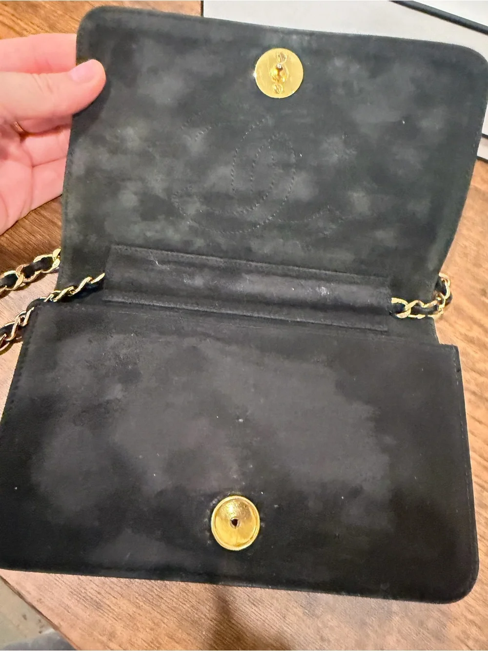 CHANEL Black Quilted Suede Chain Crossbody with Gold Hardware