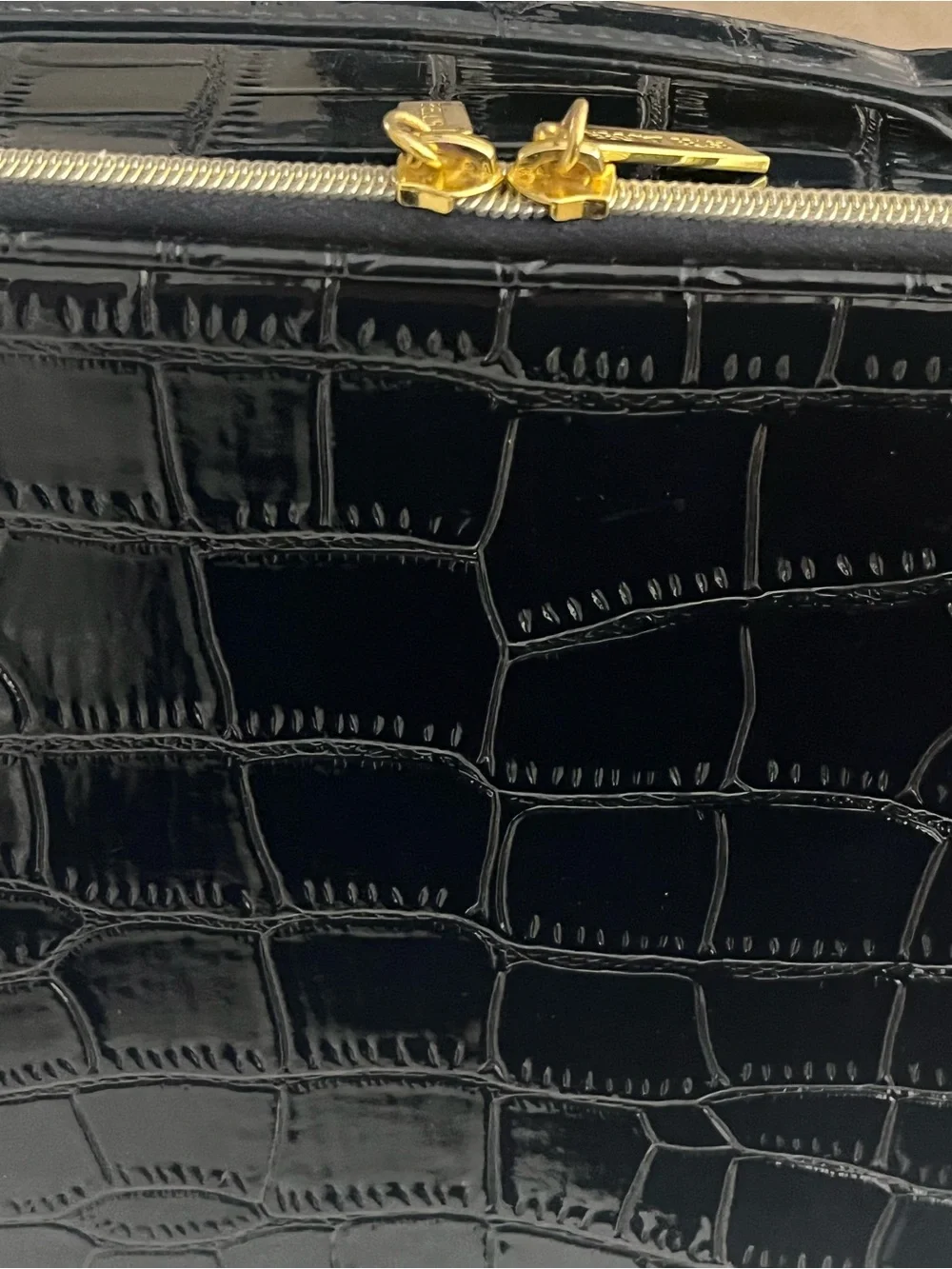 Estee Lauder Black Patent Cosmetic Case with Gold Zipper Pulls