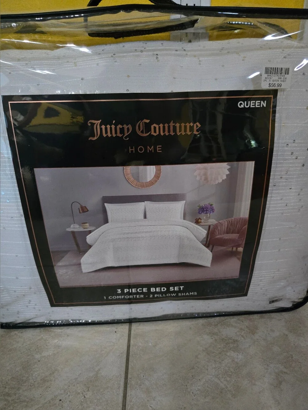 Juicy Couture White Quilted Comforter Set - Queen New  Sequins