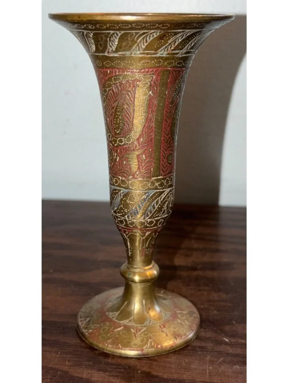 Vintage Etched Brass Bud Vase Red/White Floral Detailing 5