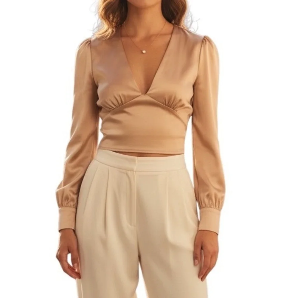 Abercrombie & Fitch Satin Crop Blouse NWT XXS Champagne Quiet Luxury Coquette