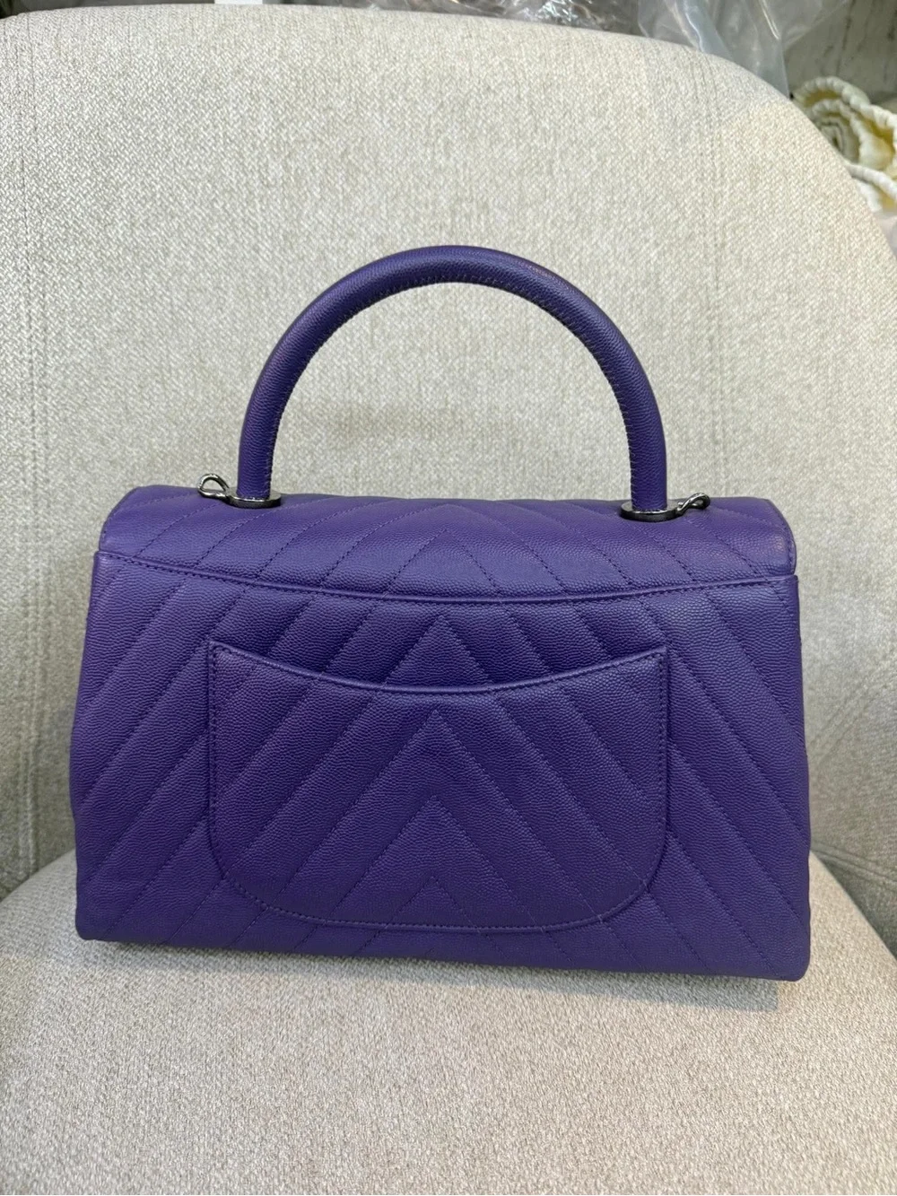 CHANEL Purple Chevron Top Handle Satchel with Silver Hardware