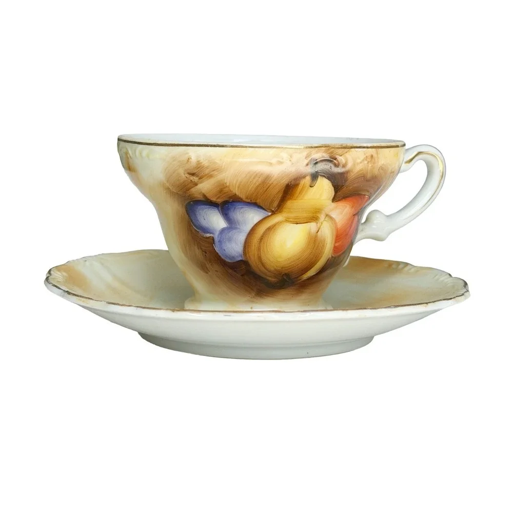Vintage Tea Cup And Saucer Fruit Design Pear Grapes Gold Trim