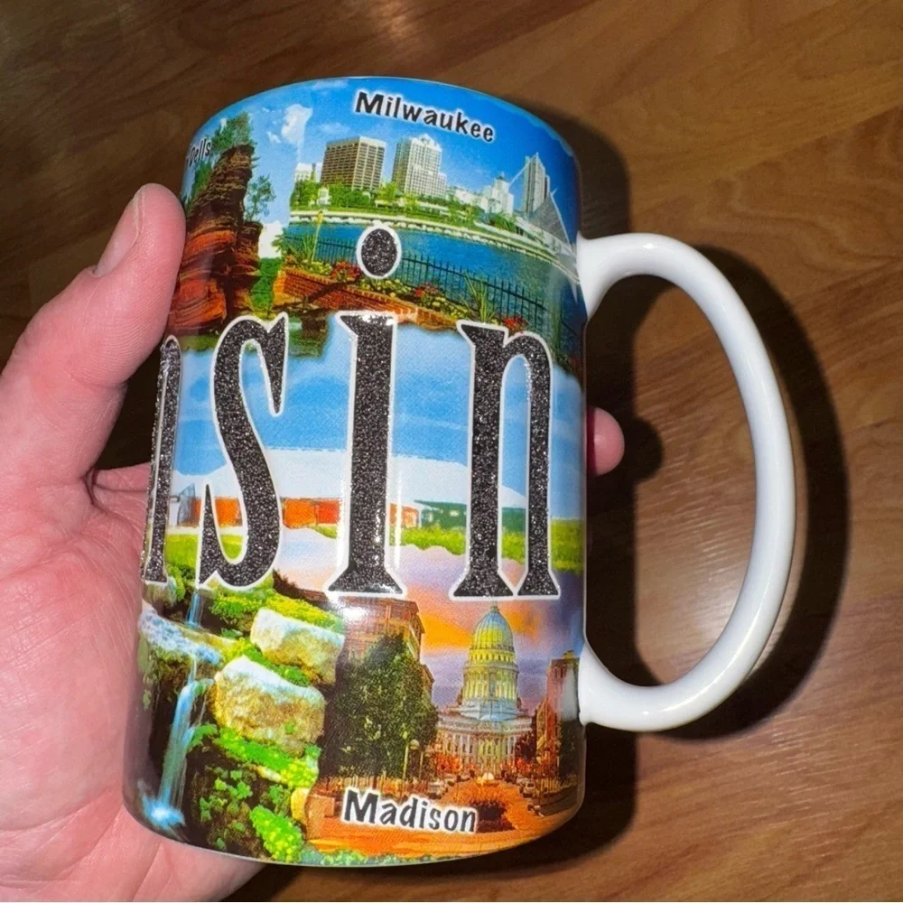 Americaware Wisconsin 18 Oz Tall Color Etched Collage All Over Print Coffee Mug