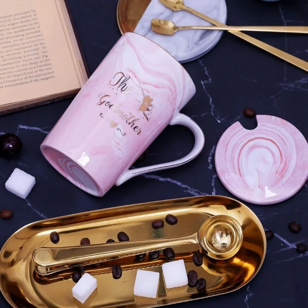 Chic Pink Marble Godmother Mug with Gold Spoon