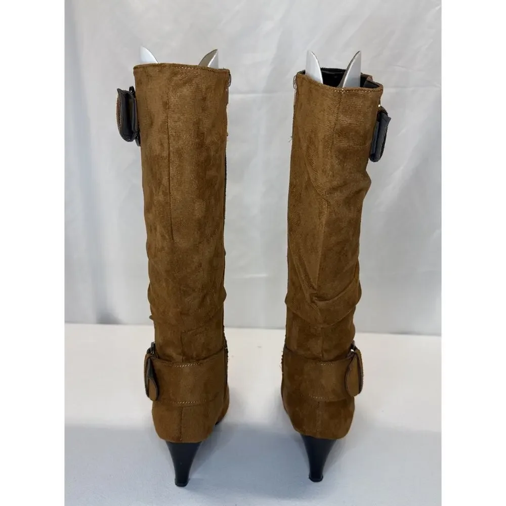 Women’s Suede Slouchy Knee High Boots Brown Buckle Kitten Heel EU 41 Fits US 8.5