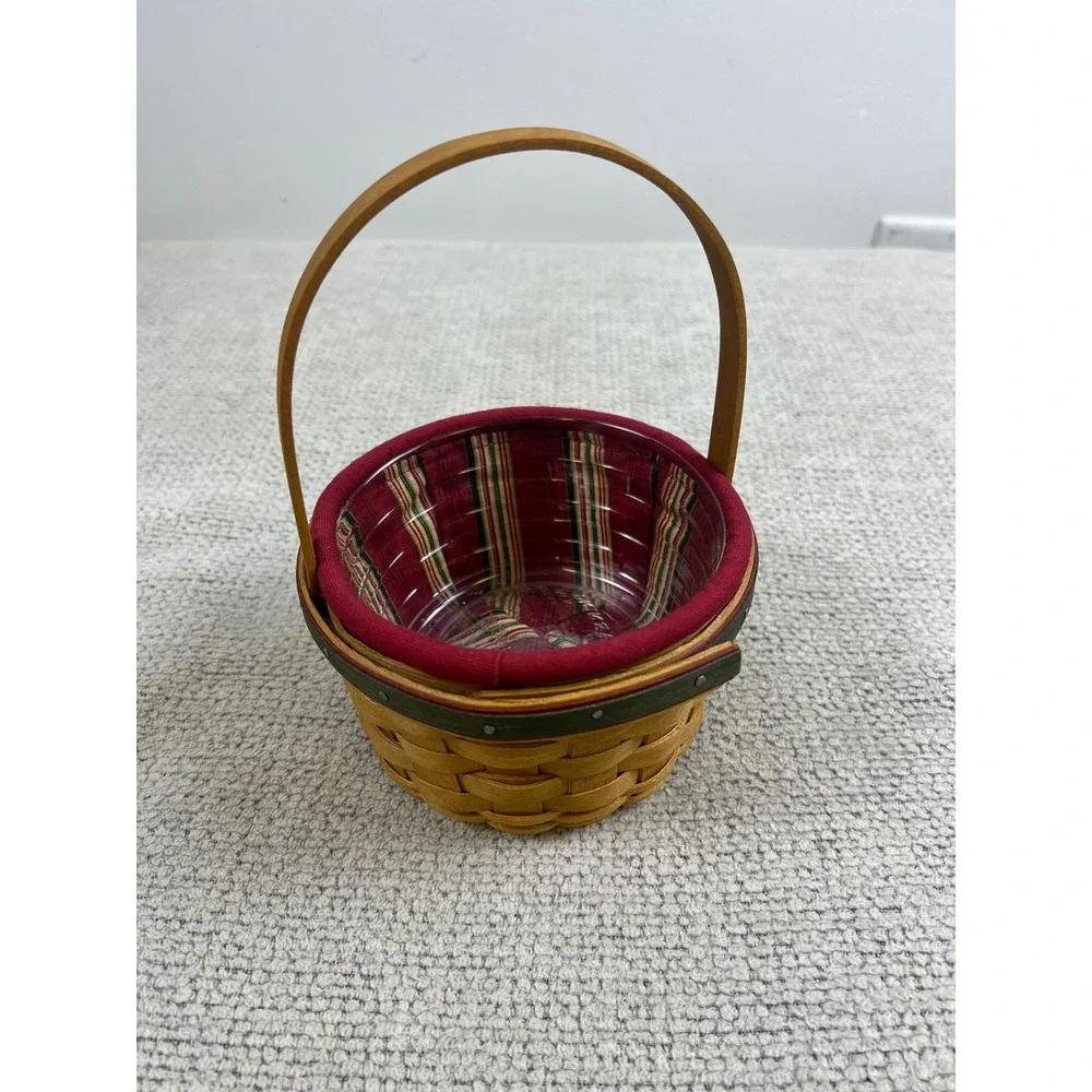 Longaberger Small Round Basket 2005 Red Green Striped‎ Liner Plastic Protector