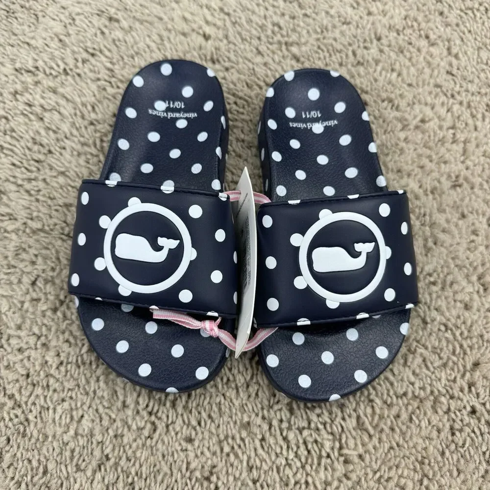 Vineyard Vines Slides Girls 10/11 Navy Polka Dot Whale Logo Poolside Sandal‎ NWT
