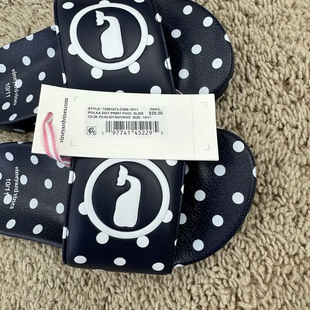 Vineyard Vines Slides Girls 10/11 Navy Polka Dot Whale Logo Poolside Sandal‎ NWT