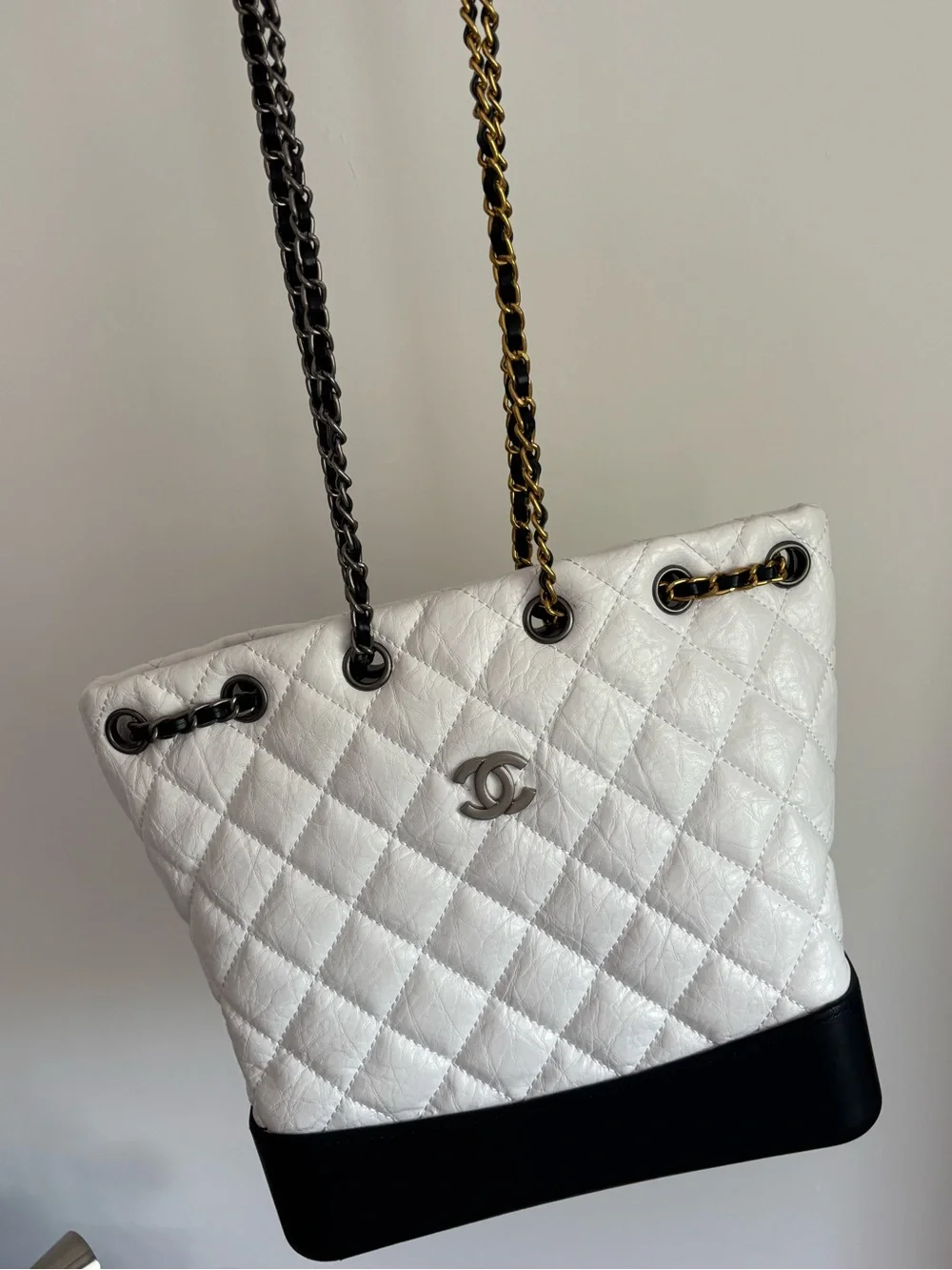 CHANEL White Quilted Leather Tote with Black Base and Mixed Metal Chain Straps