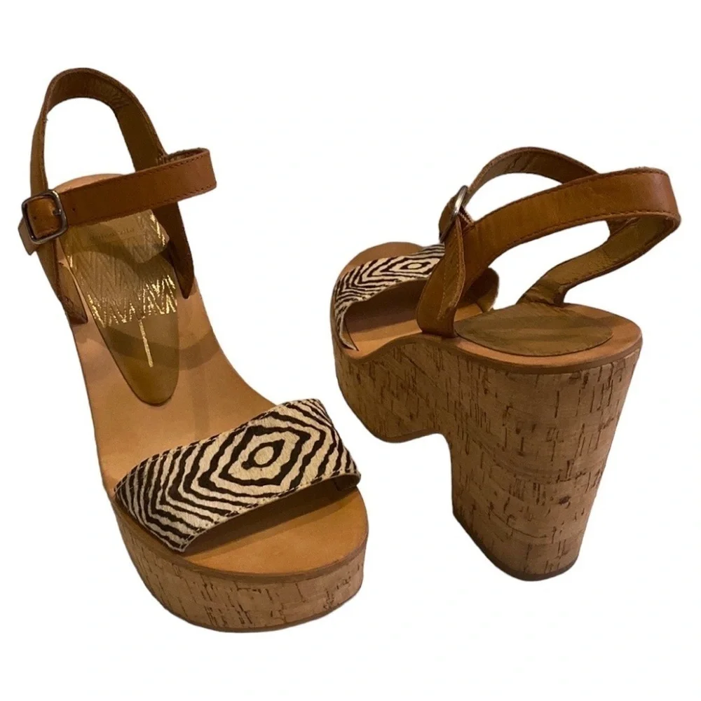 Dolce Vita Tan Leather & Black White Pattern Cork Platform Sandals