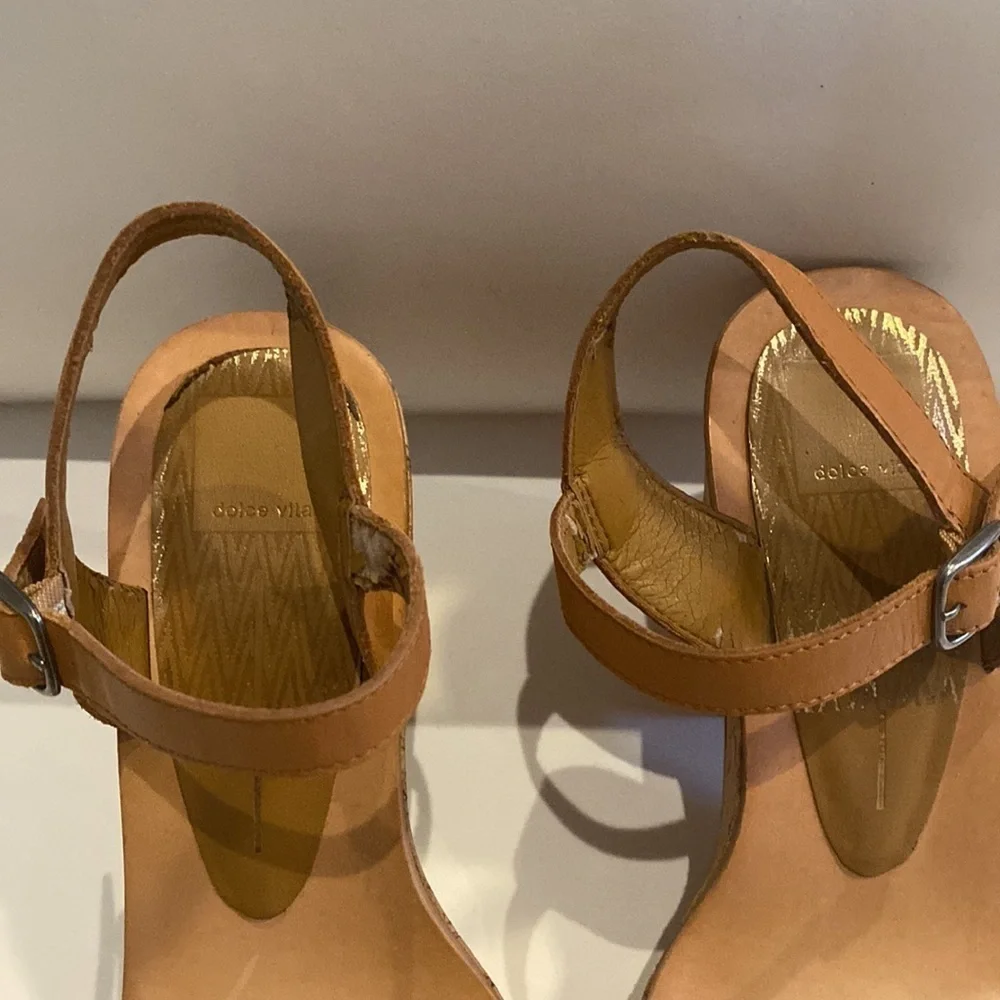 Dolce Vita Tan Leather & Black White Pattern Cork Platform Sandals