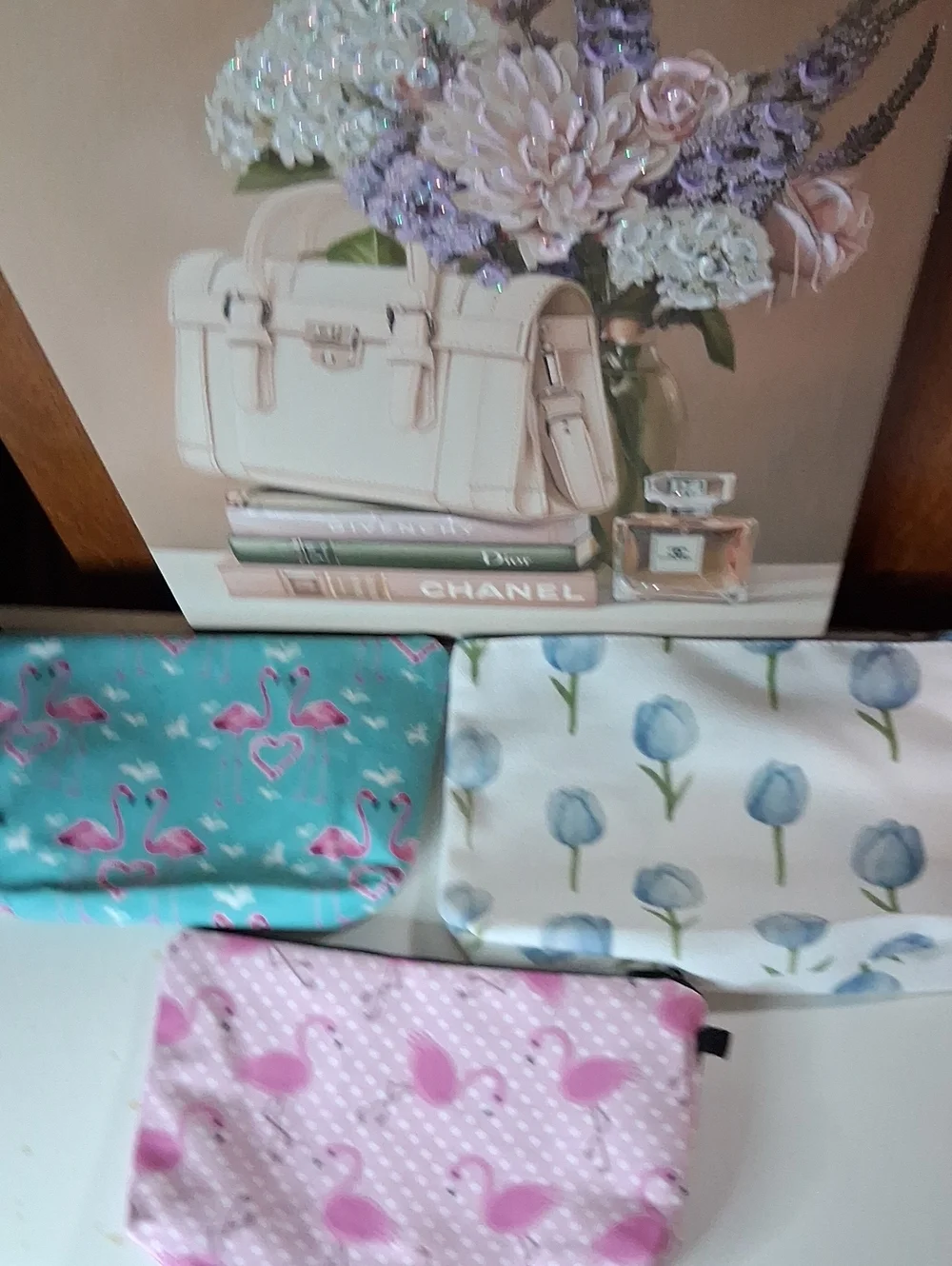Set of 3 Floral & Flamingo Cosmetic Pouches - Pink, Teal, White