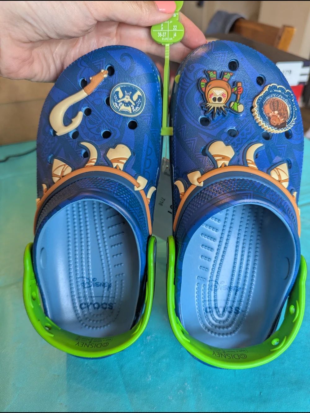 CROCS Kids Blue Clog Sandals with Green Heel Strap and Character Charms
