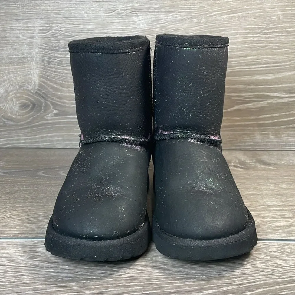 Ugg Kids Classic II Black Leather Sparkly Glitter Toddler Girl Sz 10 Winter Boot