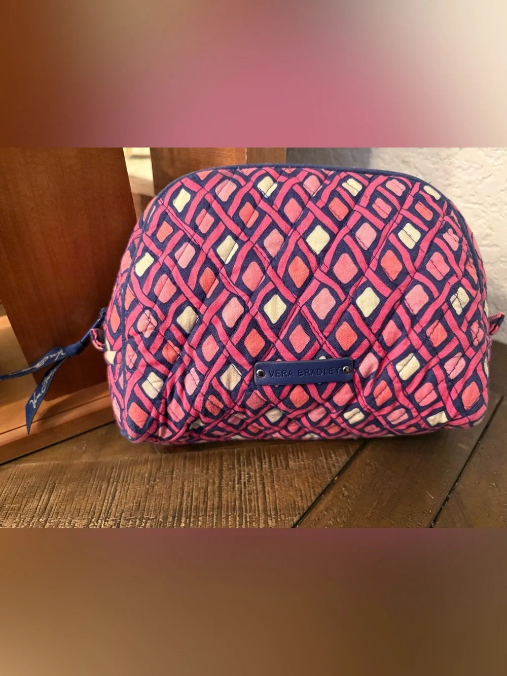 Vera Bradley Navy and Pink Geometric Quilted Cosmetic Pouch