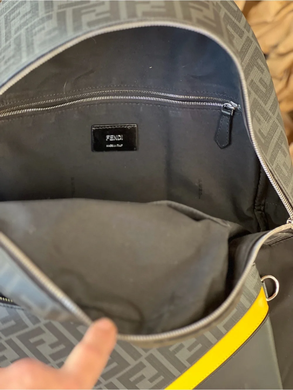 Fendi Men's Black & Gray Patterned Backpack with Yellow Accent