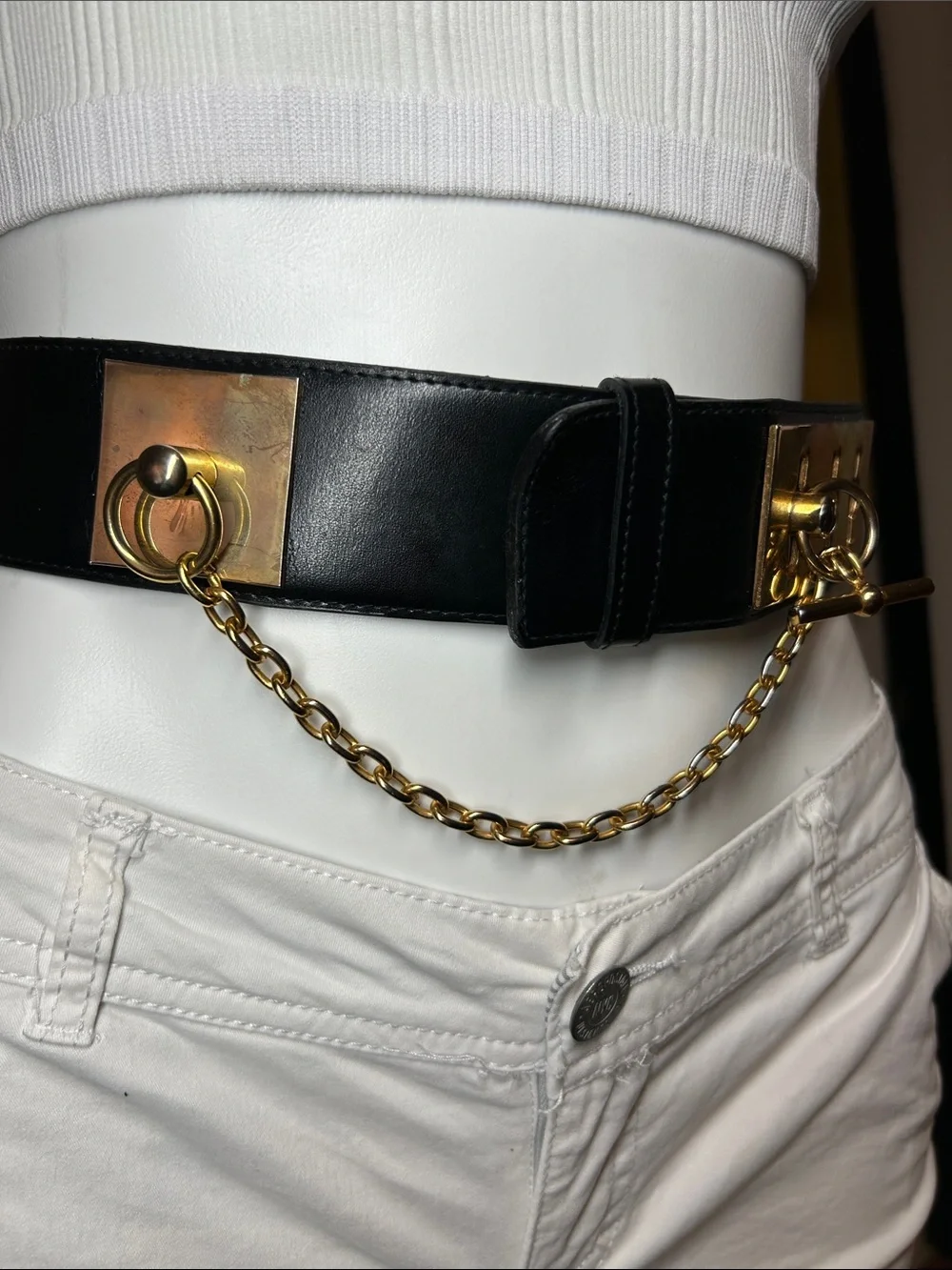 Vintage 1990s Black Leather Waist Belt with Gold Chain Accent Genuine Leather
