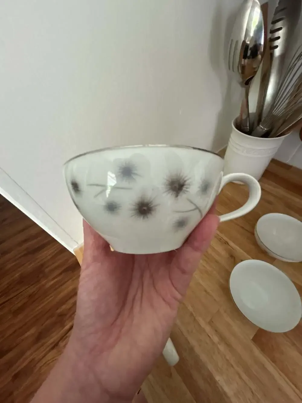 Vintage Creative Fine China Platinum Star Burst Teacups, Set of 6