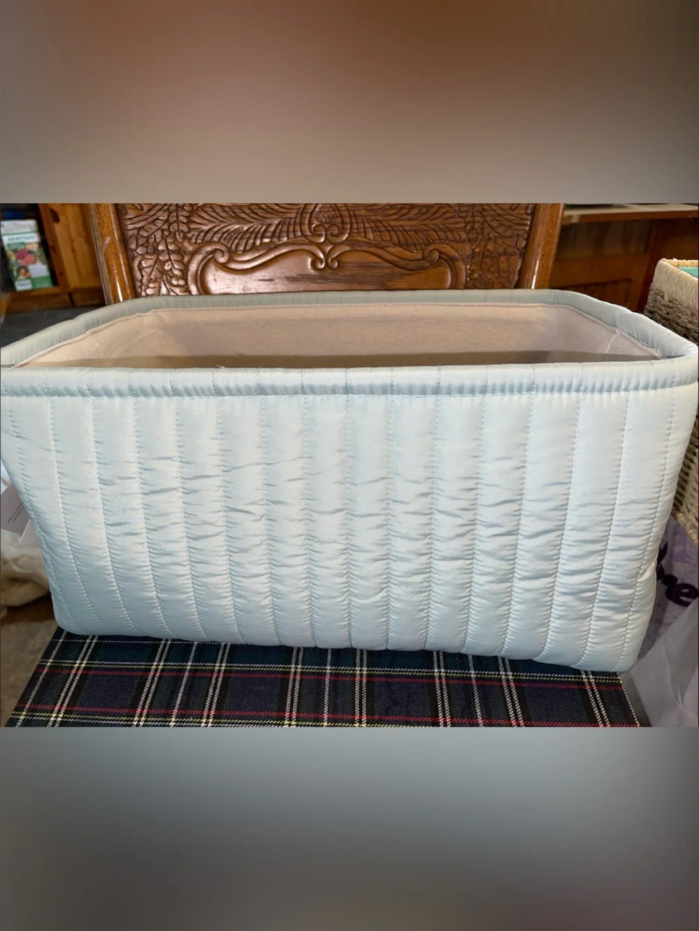 Quilted Light Green Fabric Storage Bin - Home Organization