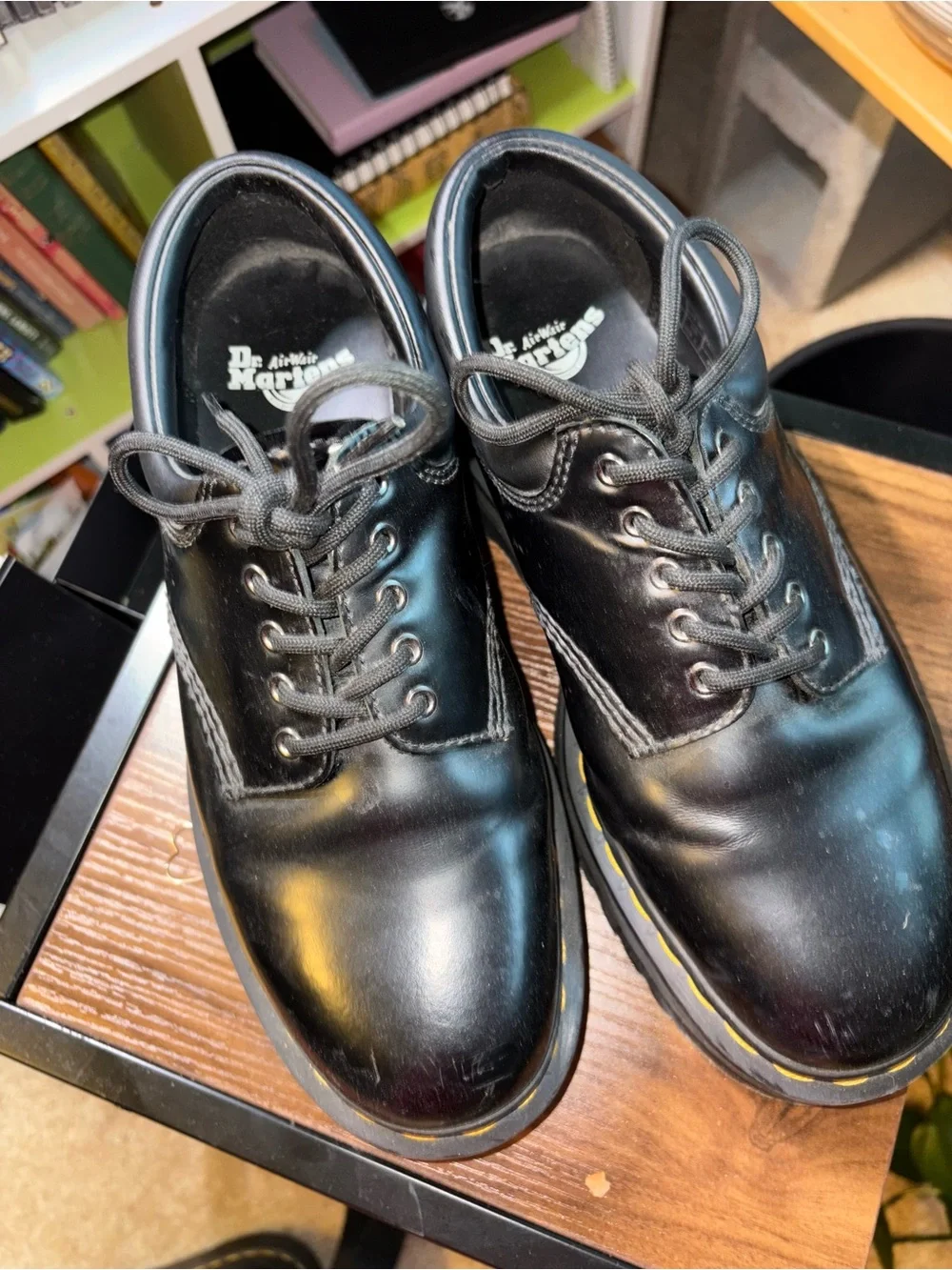 Dr. Martens Black Platform Lace-Up Shoes with Yellow Stitching