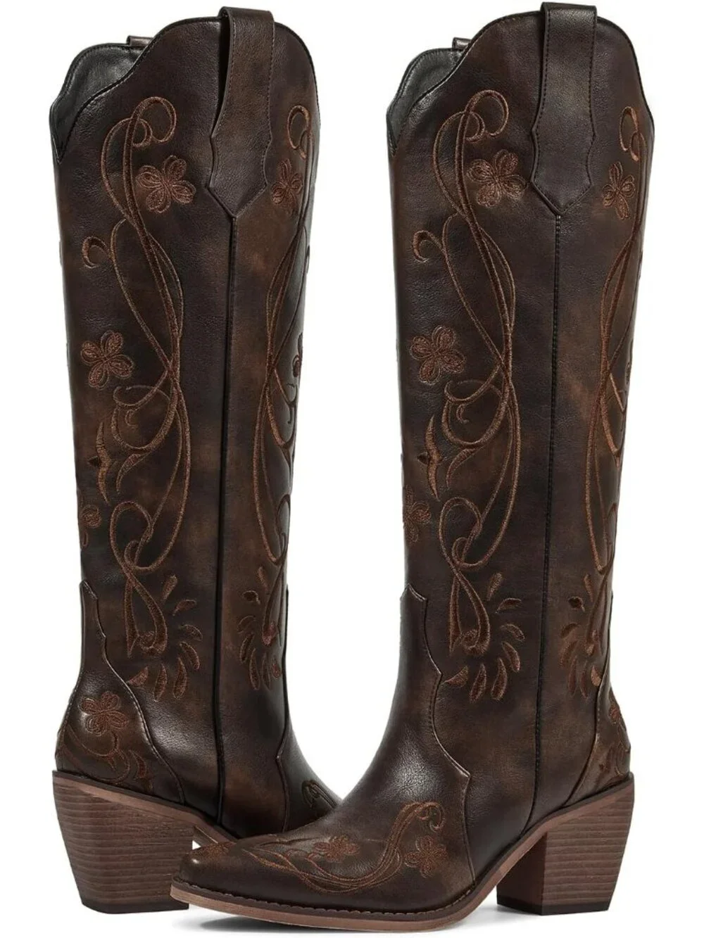 Women's Vintage Brown Knee High Cowgirl Boots Embroidered Pointed Toe ChunkyHeel